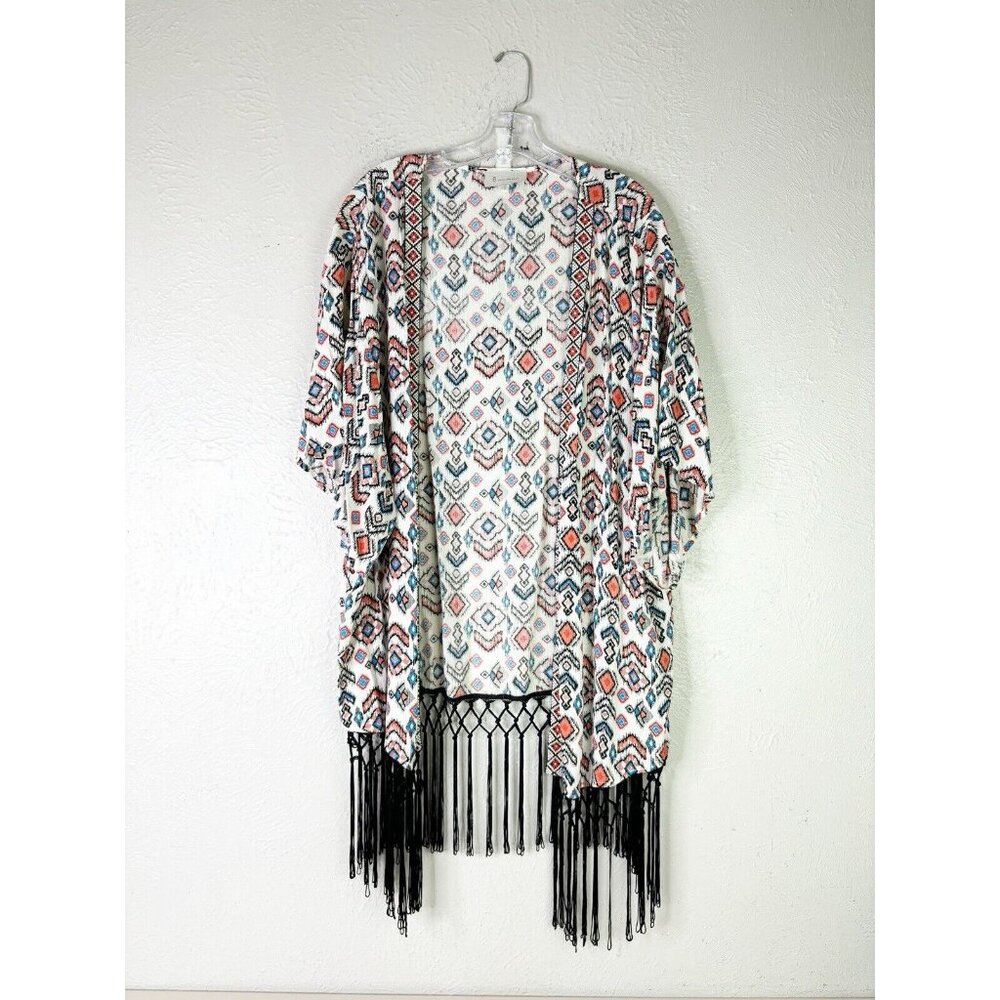 Blue Skies Sz 2 Plus (see Measurement) Aztec Open White Cardigan Fringe Long EUC